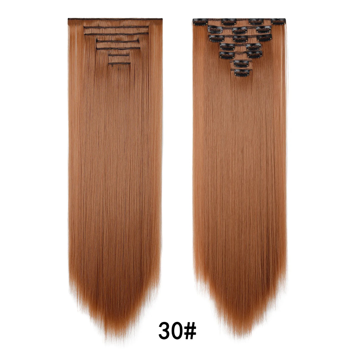 A pair of 30# brown hair extensions shown vertically, featuring a clip-in style with textured ends.