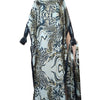 Elegant printed silk kaftan dress featuring a black and gold leopard print