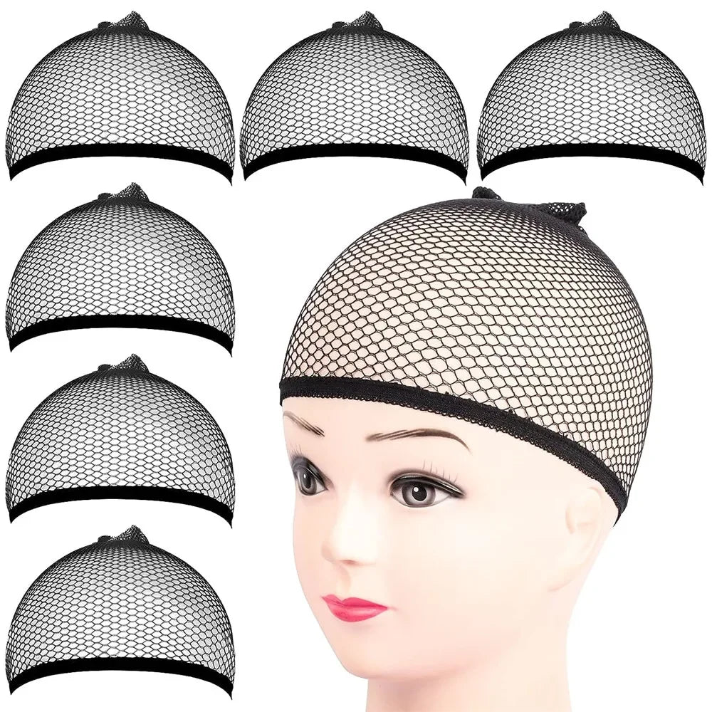 A set of black mesh wig cap liners shown on a mannequin head.