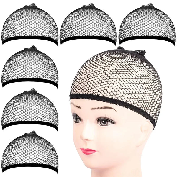 A set of black mesh wig cap liners shown on a mannequin head.