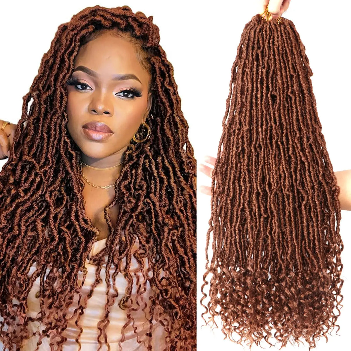 Nahaufnahme einer Frau mit langen, dunkelbraunen Faux-Loc-Crochet-Haarverlängerungen