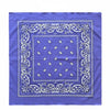 Purple bandana scarf with white paisley and floral patterns on a square fabric