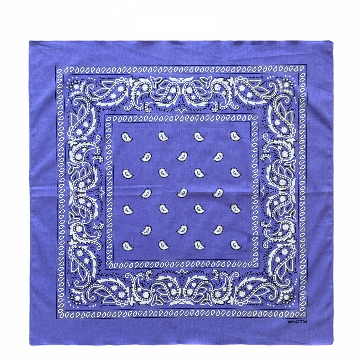 Purple bandana scarf with white paisley and floral patterns on a square fabric