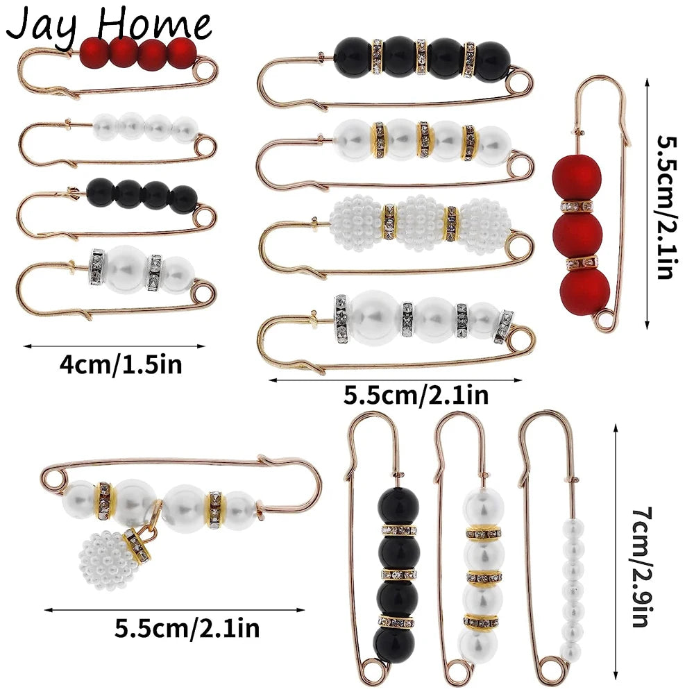 A collection of heavy duty pearl safety pins in various sizes and styles for clothing.