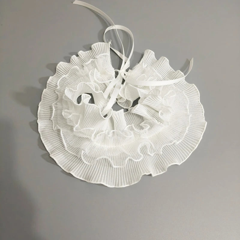 White decorative pleated ruffle stand collar sweater with ties