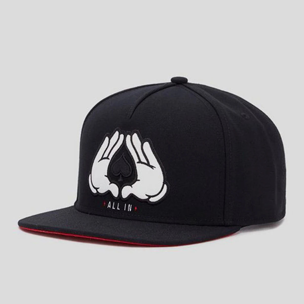 Black unisex adjustable snapback cap featuring a white All-In hand symbol on the front.