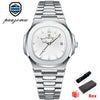 Silver men's luxury quartz wristwatch with a metal bracelet and box.