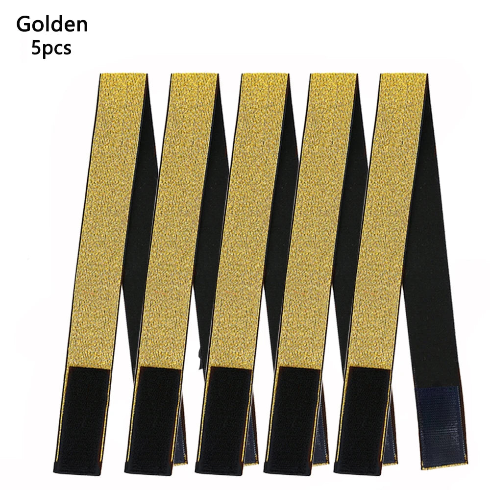 Five gold adjustable lace headbands for wigs and scarves displayed side by side