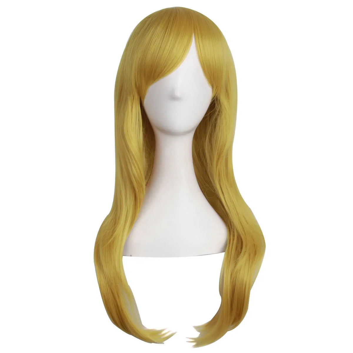 A blonde wig with long, wavy hair is displayed on a mannequin head.