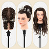 Three practice mannequin heads displaying different hair styles and colors.