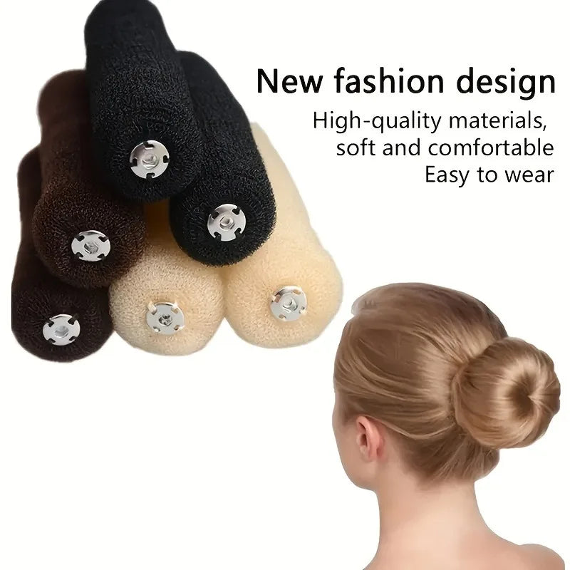 A collection of fabric hair buns in various colors including black brown and beige shown next to a woman's hair