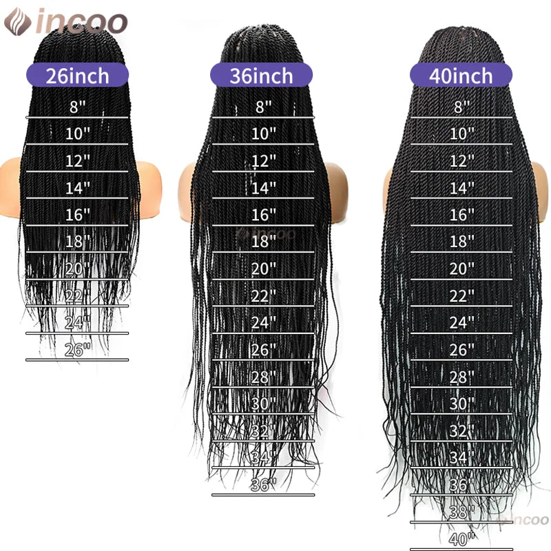 Drei lange schwarze Haarextensions oder Perücken in verschiedenen Längen (26, 36 und 40 Zoll).