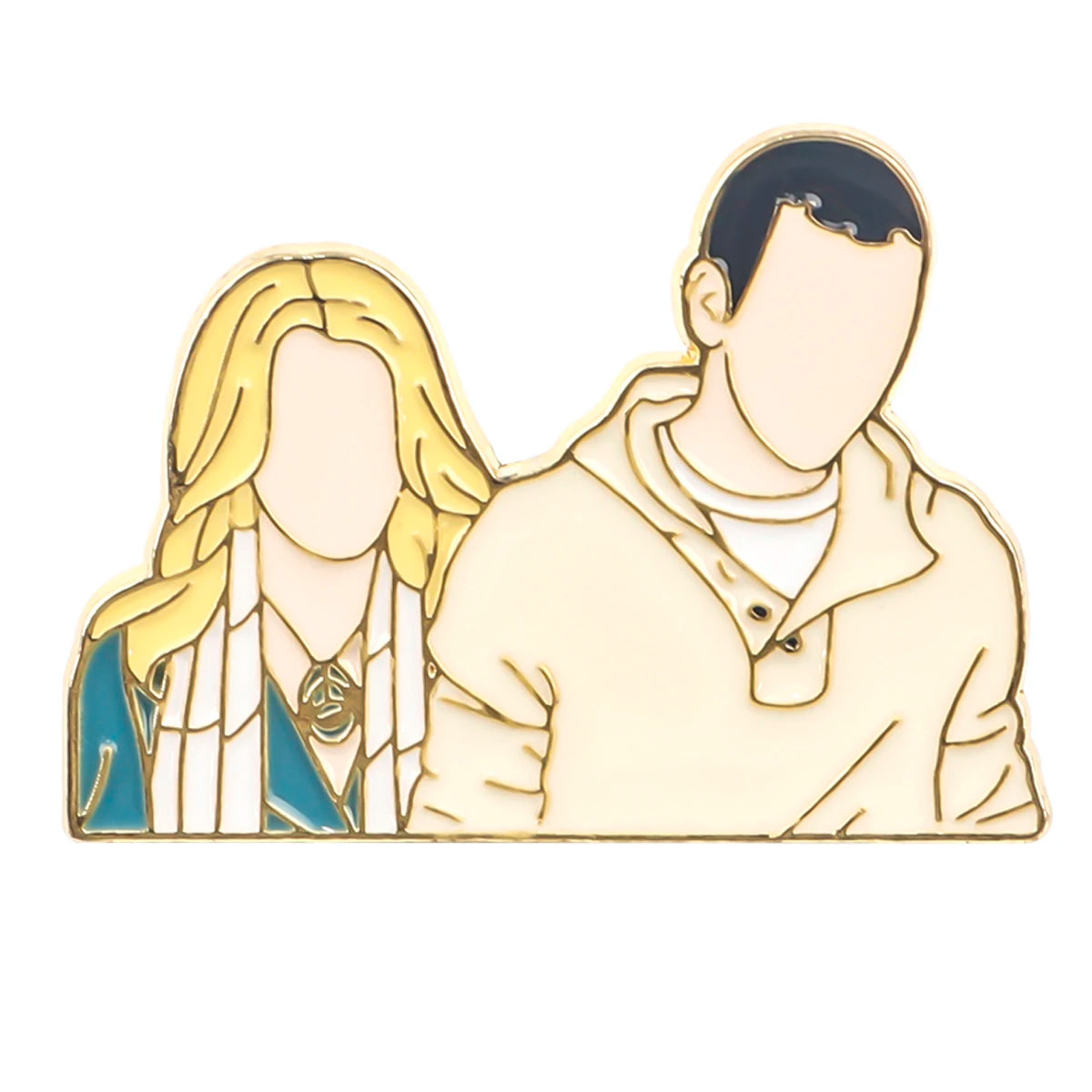 Broche émail couleur or représentant une figure stylisée homme et femme.