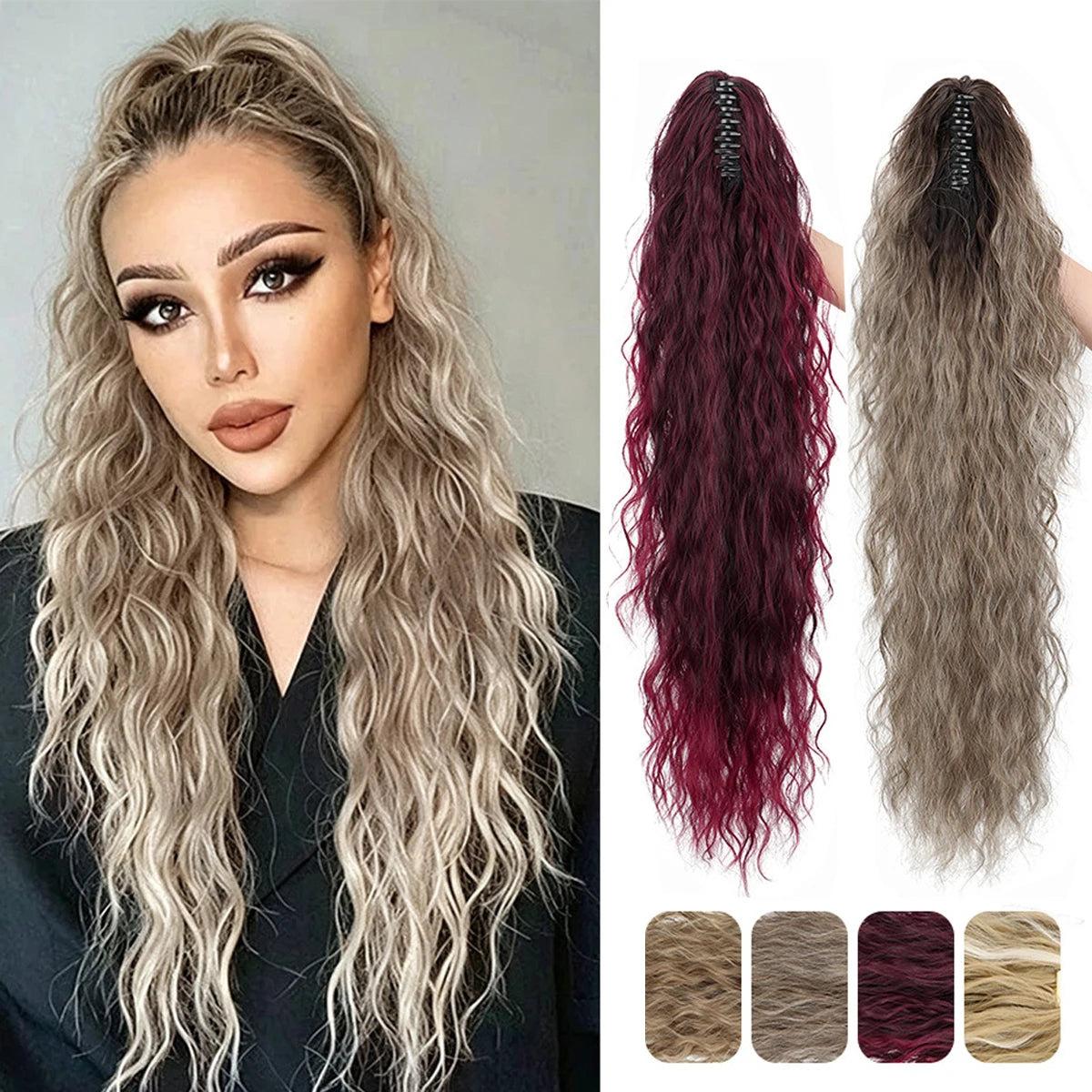 Long wavy hair extensions in various shades of gray and burgundy with a black ponytail holder