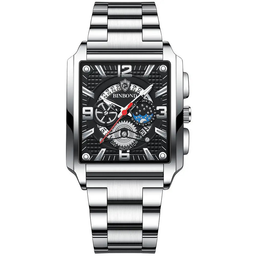 Silberfaruße Luxus-Quarz-Armbanduhr mit schwarzem Zifferblatt und leuchtenden Zeigern auf Metallarmband.