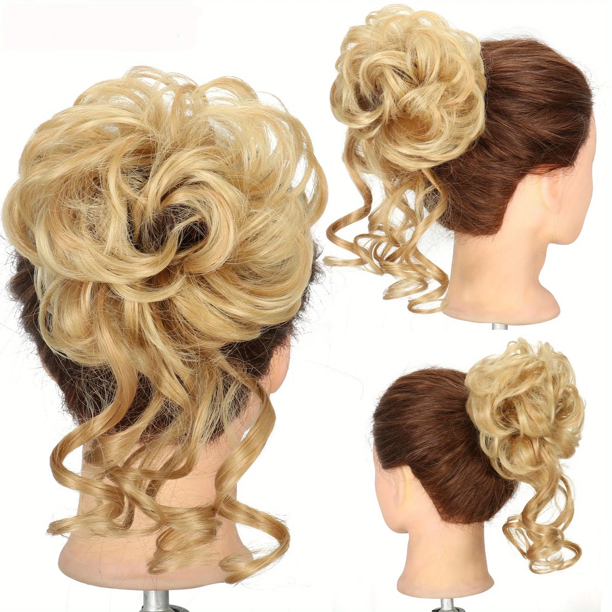 A display of synthetic blonde hair styled in various messy buns and curls on a mannequin head.