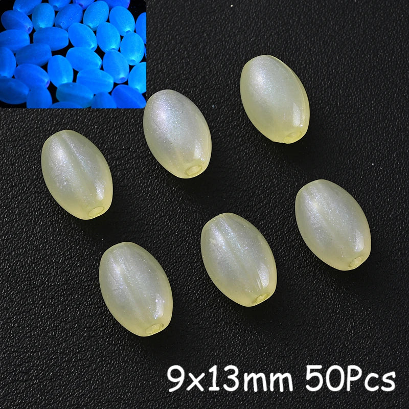 50 pieces of translucent white glow-in-the-dark acrylic beads, 9x13mm.