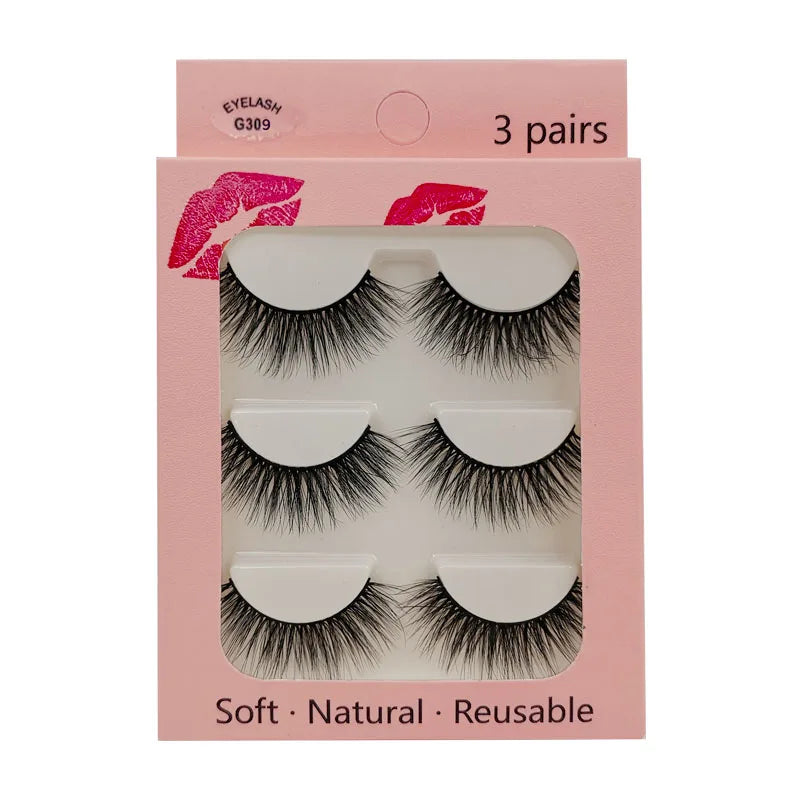 A box containing three pairs of soft natural reusable mink strip eyelashes.