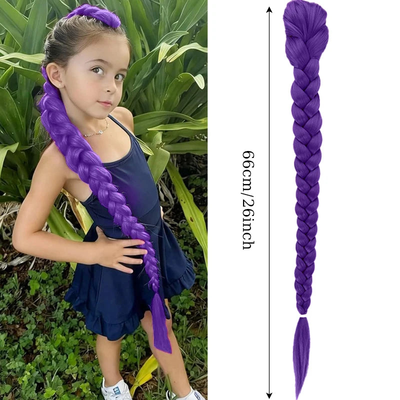 A young girl models vibrant purple braided hair extensions against a green outdoor background.
