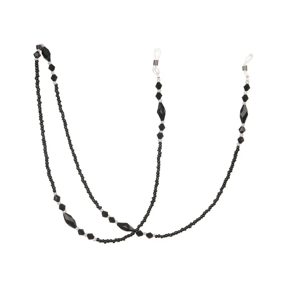A delicate black chain lanyard with a hollow star pendant for eyeglasses.