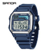 A blue digital sports wristwatch with a stainless steel bezel and light display.