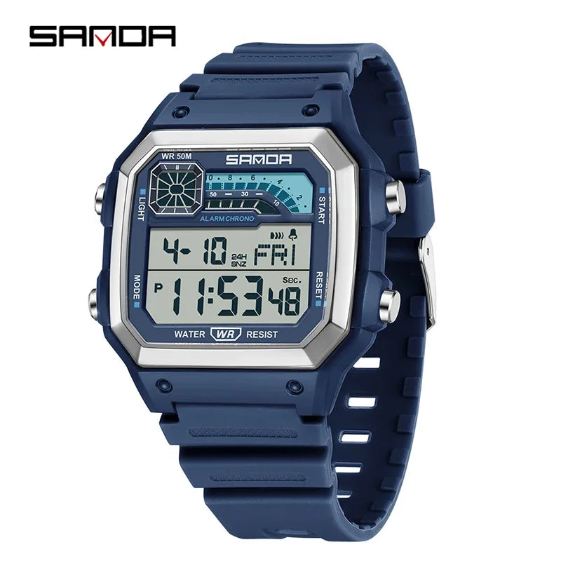 A blue digital sports wristwatch with a stainless steel bezel and light display.