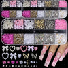 A collection of pink and white butterfly bow nail charms, including glitter, pearl, and floral designs.