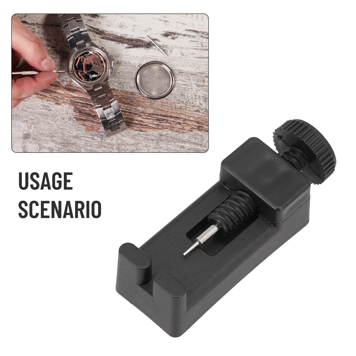 A black precision watch band link pin remover tool is shown with a watch and a metal pin in the usage scenario.
