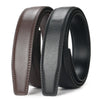 A pair of genuine leather buckled belts, one brown and one black, shown from the side.