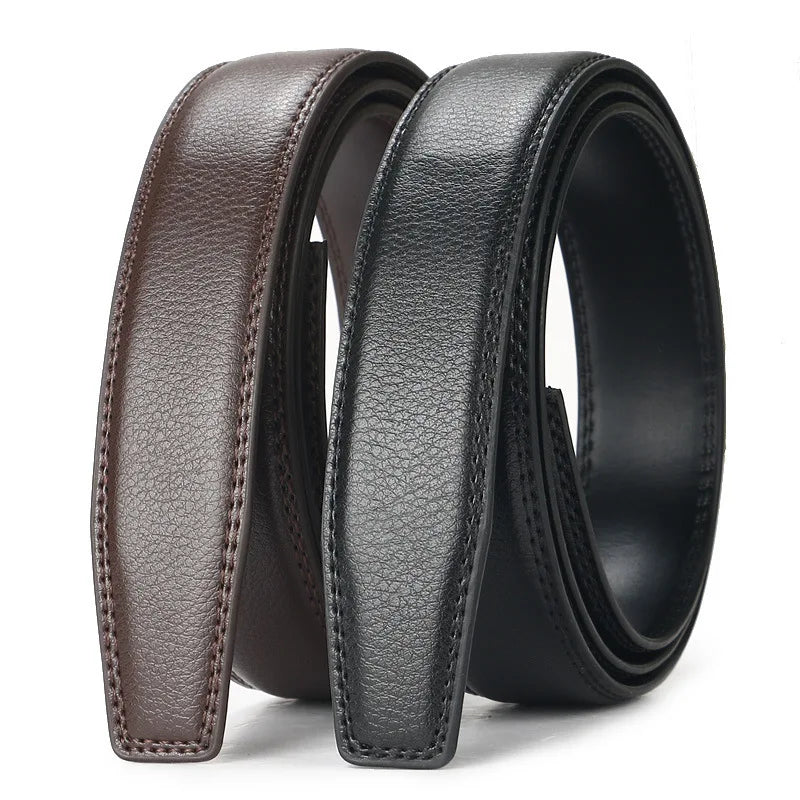 A pair of genuine leather buckled belts, one brown and one black, shown from the side.