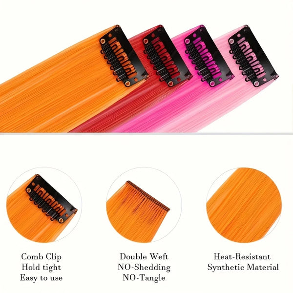 Set bunter Haarverlängerungen in Orange, Pink und Rot mit Kammclips und hitzebeständigem synthetischem Material.