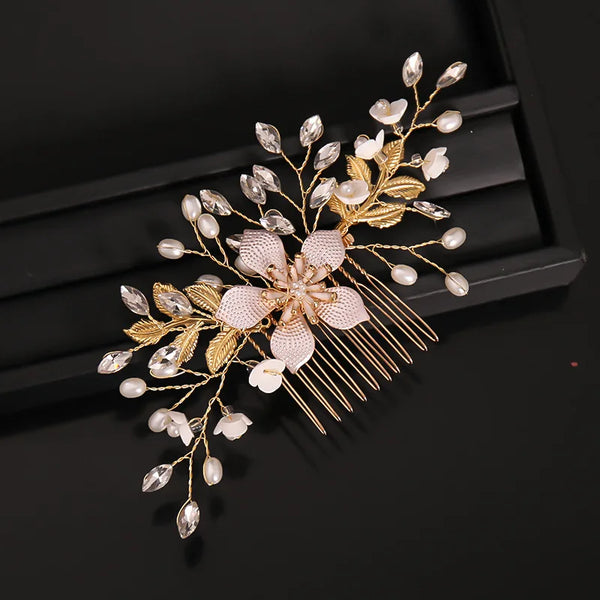 Golden leaf shaped pearl flower hairpin comb with delicate gold and ivory floral accents