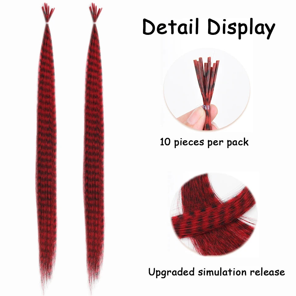 Vista detallada de extensiones de cabello sintético de pluma de 16 pulgadas en color rojo, mostrando piezas individuales y un