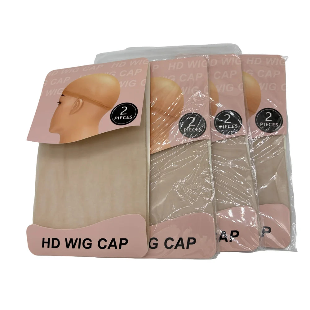 A package of invisible sheer wig caps for HD wigs, showing several beige wig caps.