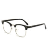 Gafas clásicas vintage antirreflejo azul con montura negra y lentes transparentes.