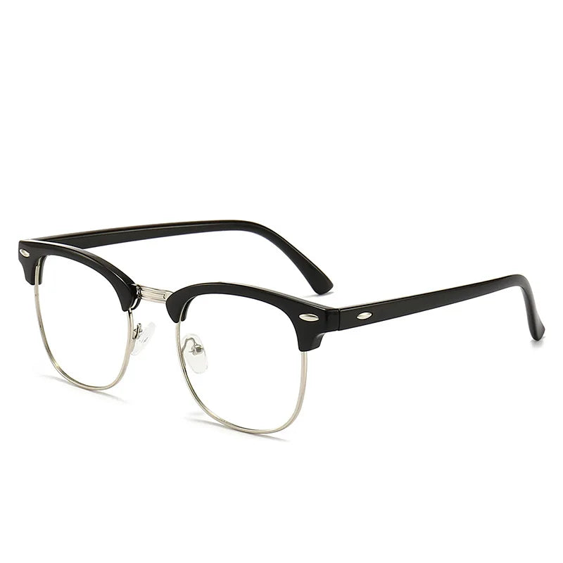 Gafas clásicas vintage antirreflejo azul con montura negra y lentes transparentes.
