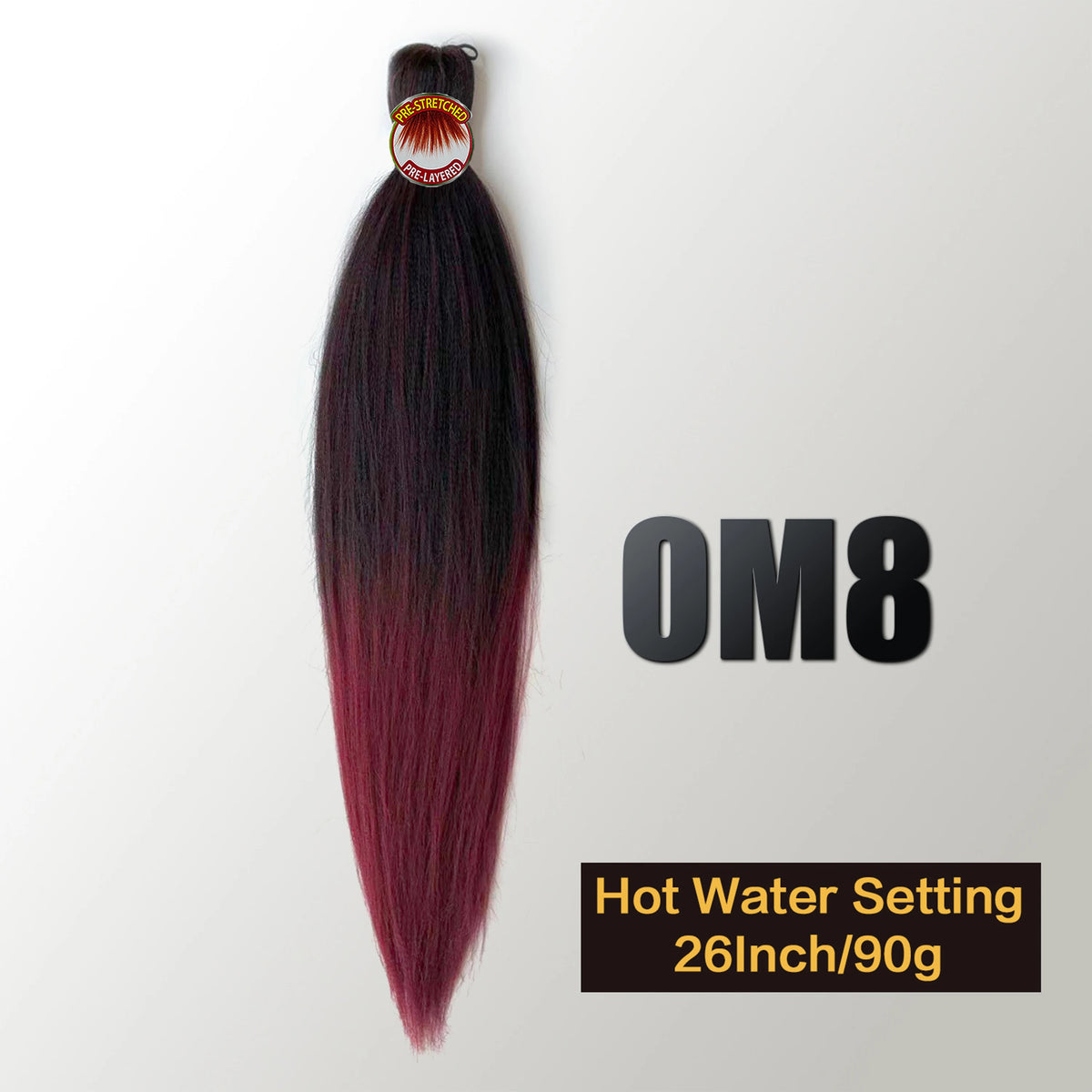 A long, pre-stretched Kanekalon braiding hair extension in a gradient color transitioning from black to deep red.