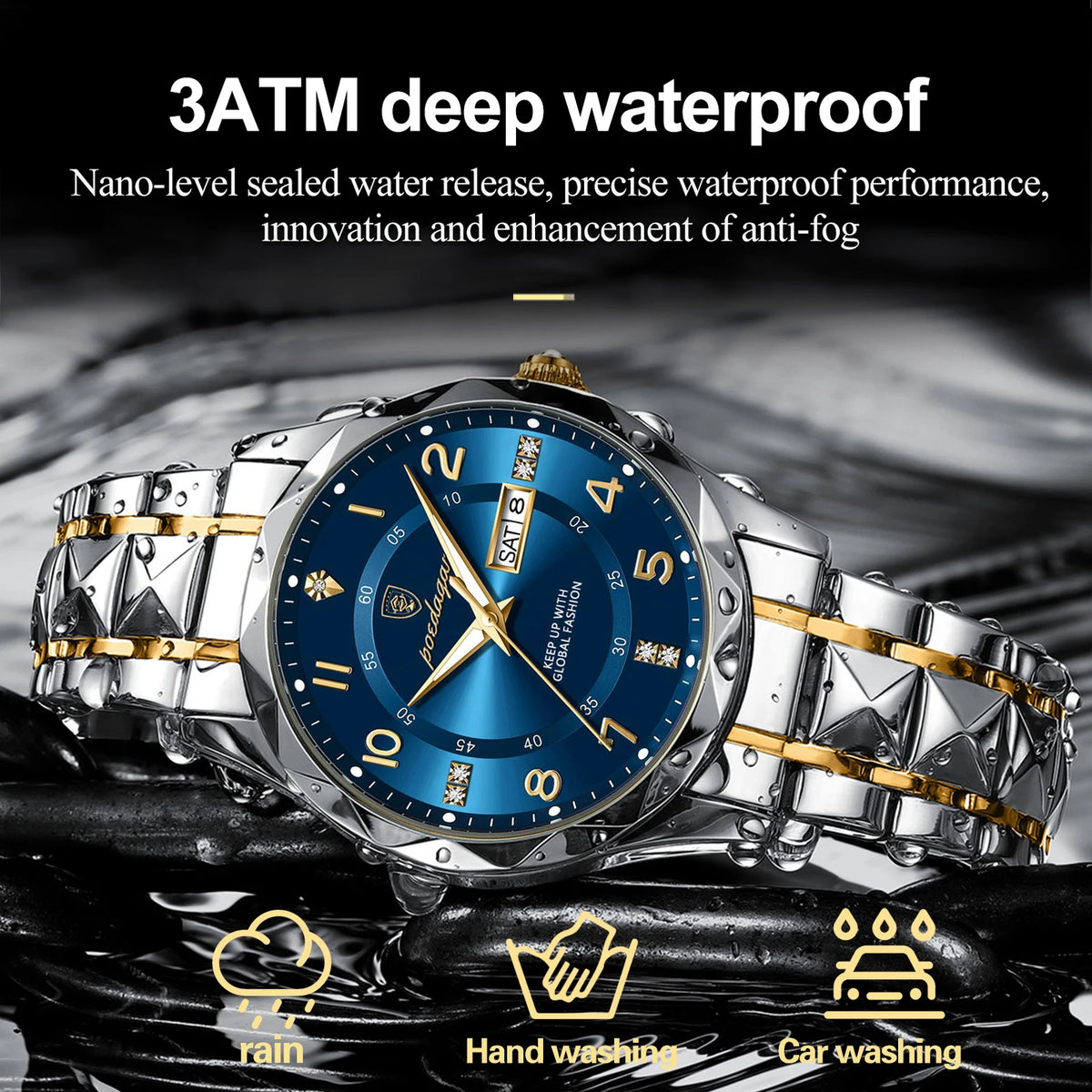 A close-up shot of a silver luxury men's quartz watch with a blue luminous dial and gold accents, shown against a dark backgr