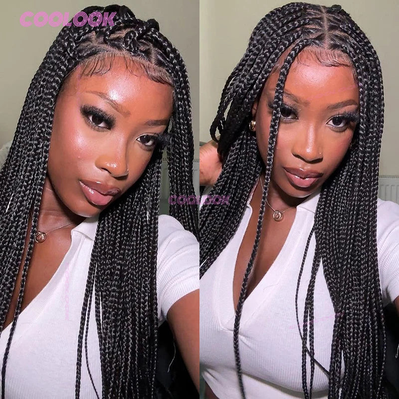 Close-up photo of a woman modeling a full lace box braid wig for black hair