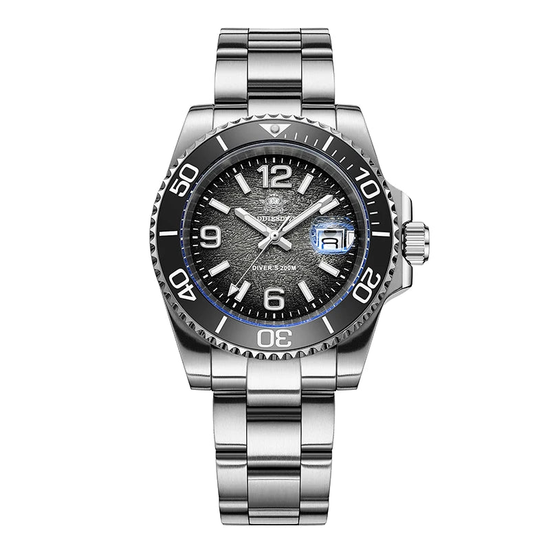 A silver diving quartz wristwatch with a black dial and luminous markers on a metal bracelet.