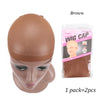 Brown wig cap product showing a model head and a packaged wig cap.