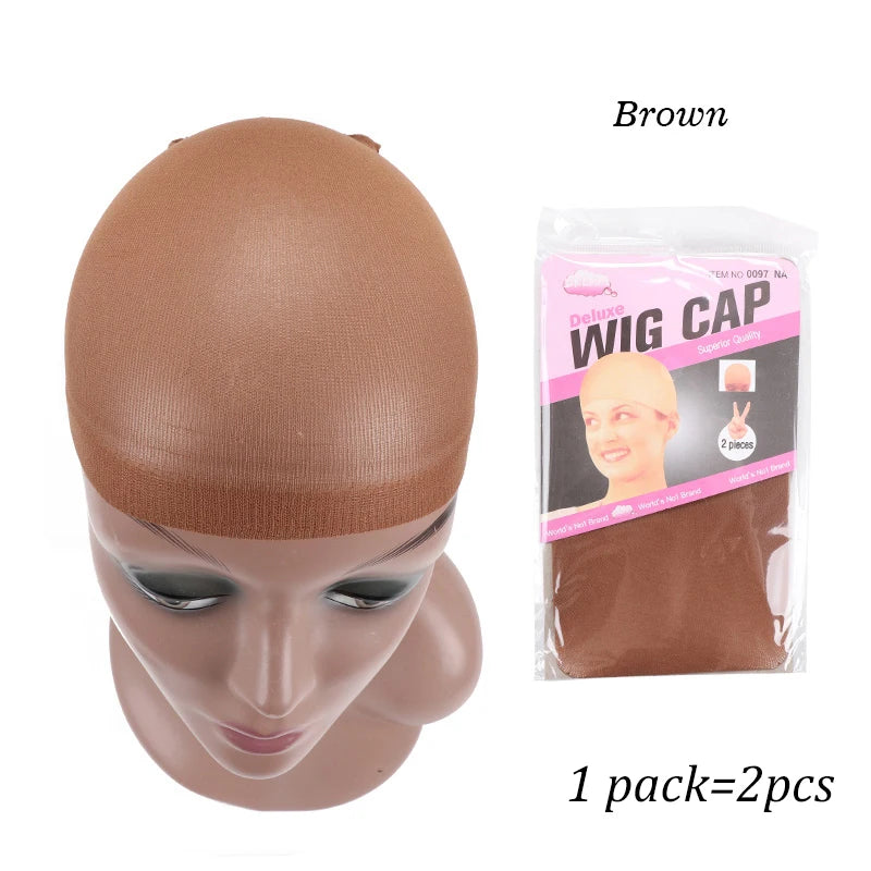 Brown wig cap product showing a model head and a packaged wig cap.