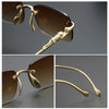 Gold-toned rimless square sunglasses shown in close-up views.