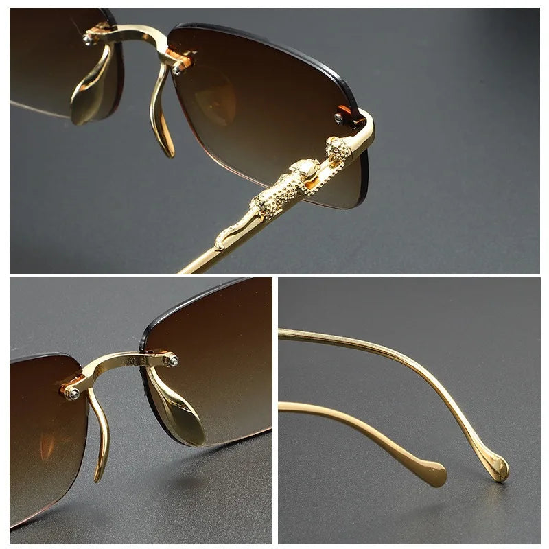 Gold-toned rimless square sunglasses shown in close-up views.