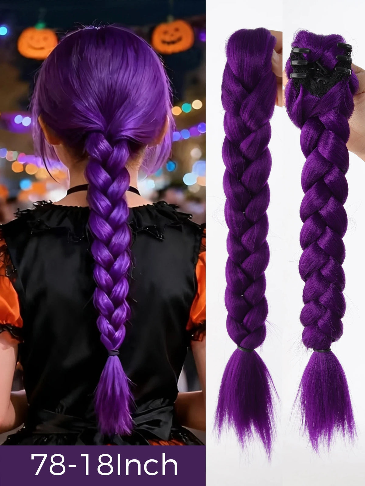 Purple braided hair ponytail with tinsel extensions shown in a close-up view.