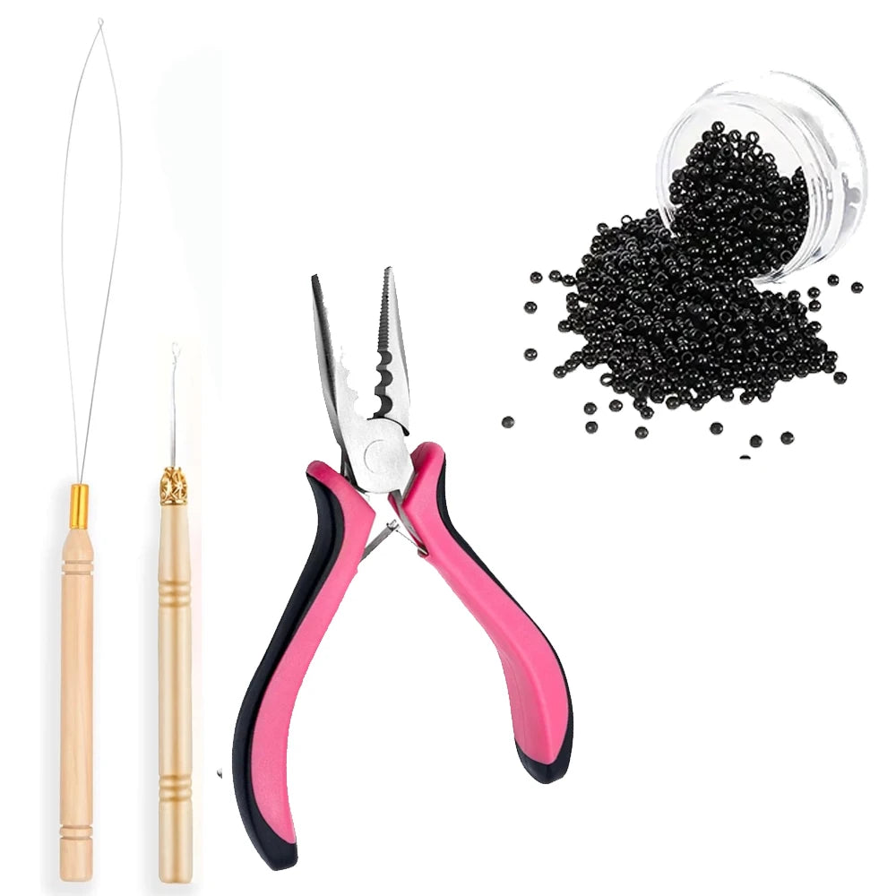 A set of nano copper hair extensions tools including tweezers and pliers for hair extensions.