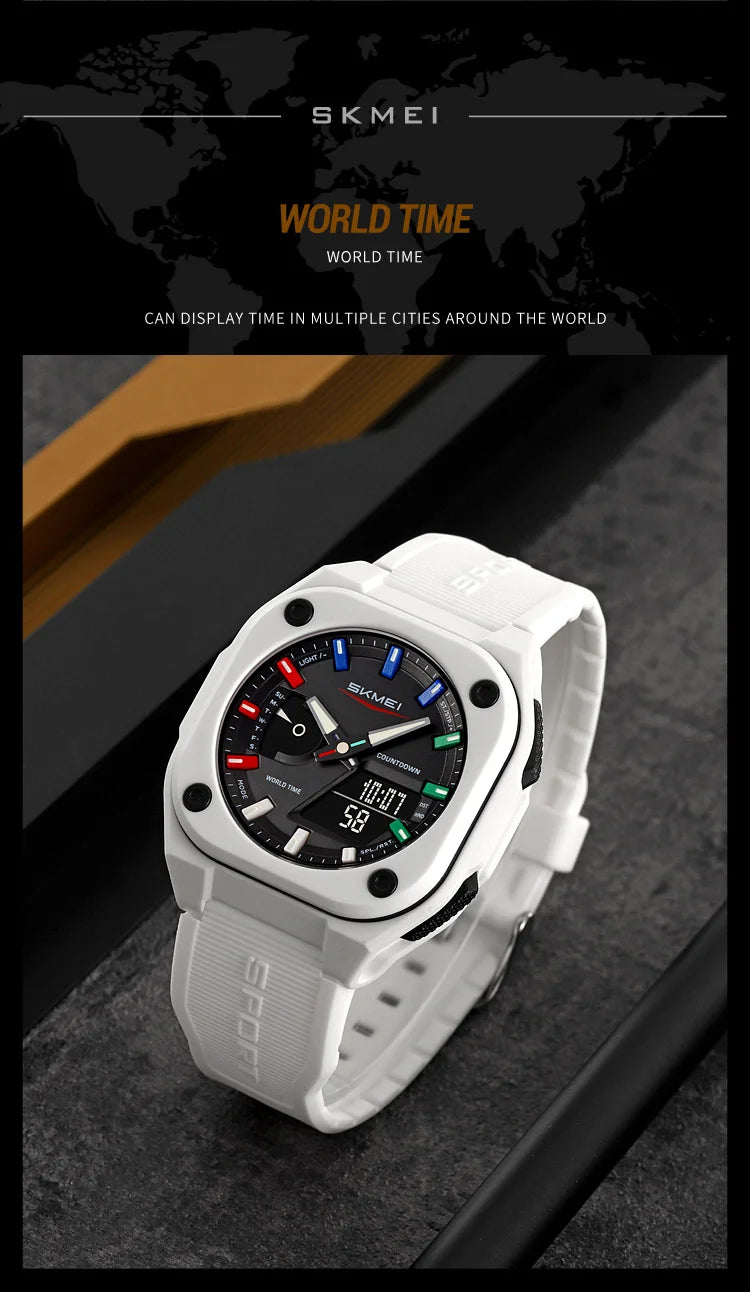 A white SKMEI Sport watch with a black face and blue accents is shown on a dark surface.