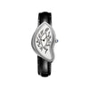 A vintage irregular quartz watch with a silver-toned case and black leather strap.
