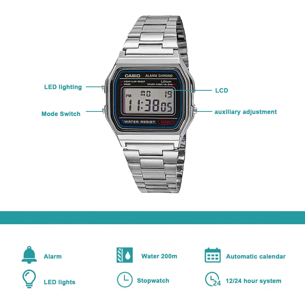 A silver Casio digital wristwatch featuring LED lighting, LCD display, and an alarm function.