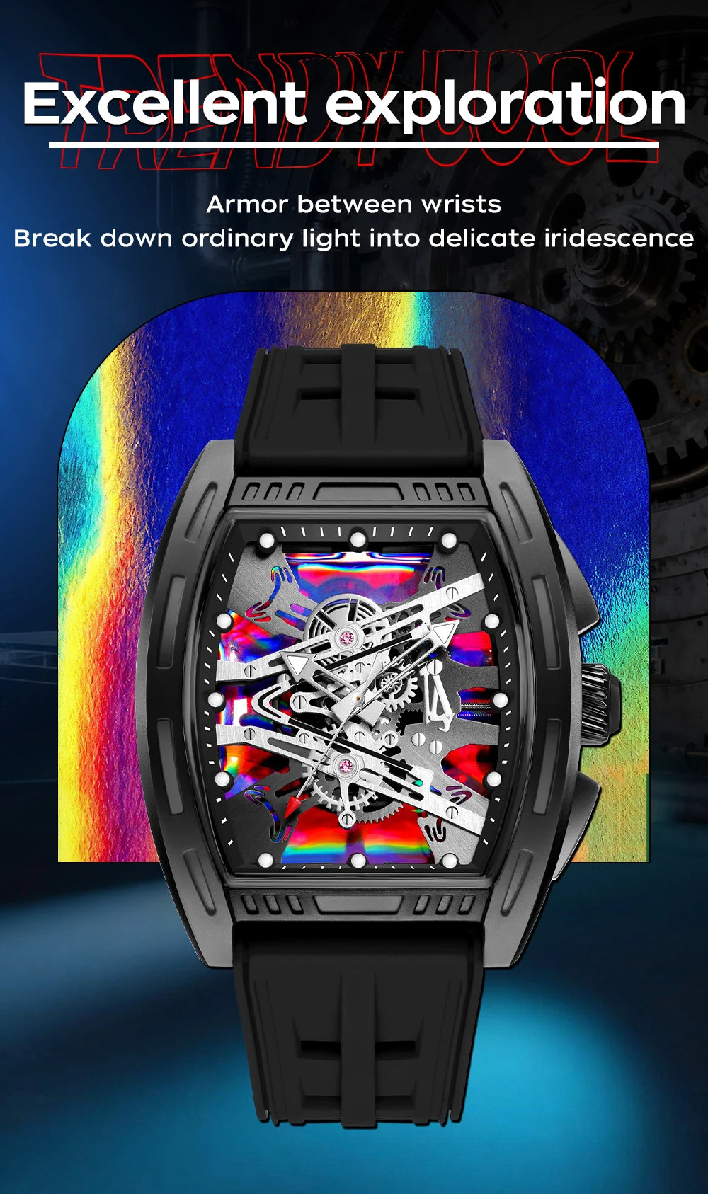 A close-up of a black luxury wine barrel quartz watch with intricate dial details and a textured strap.